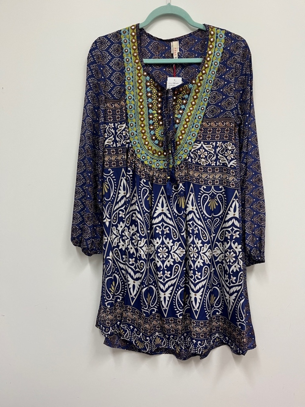 NWT Raga Navy Blue Printed V-Neck Tunic with Embroidered Yoke size XS